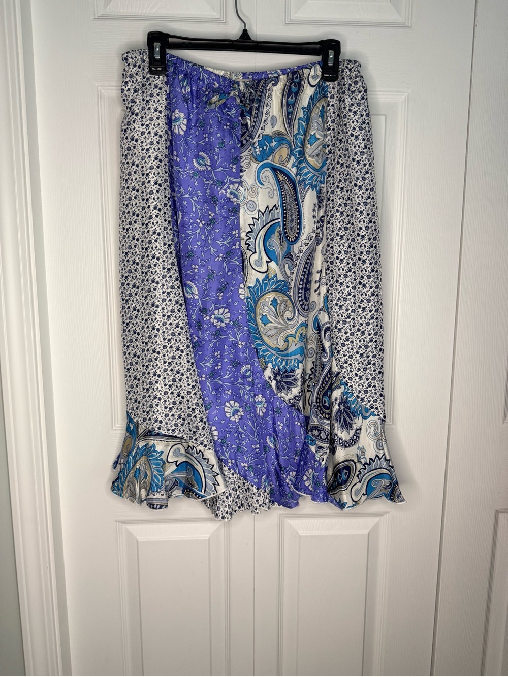 Sundance Women’s Silk Patchwork Paisley Floral Midi Skirt Medium Blue Boho Lined